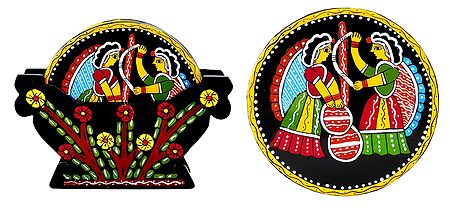 6 Round Table Coasters and Holder with Tikuli Painting