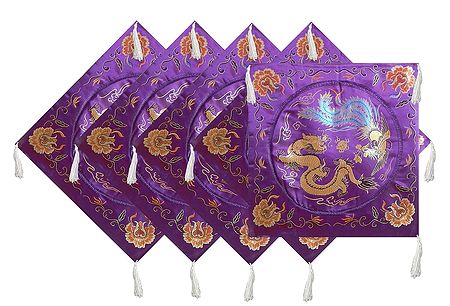 Set of 5 Dark Purple Satin Silk Cushion Covers Depicting Chinese Dragon