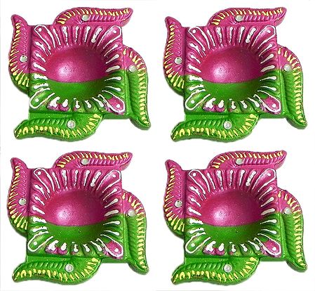 Set of 4 Hand Painted Terracotta Swastik (Auspicious Hindu Symbol) Diya