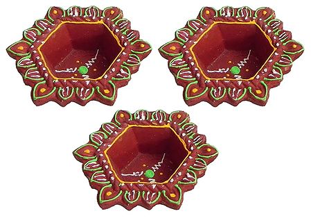 Set of 3 Hand Painted Maroon Hexagonal Diya