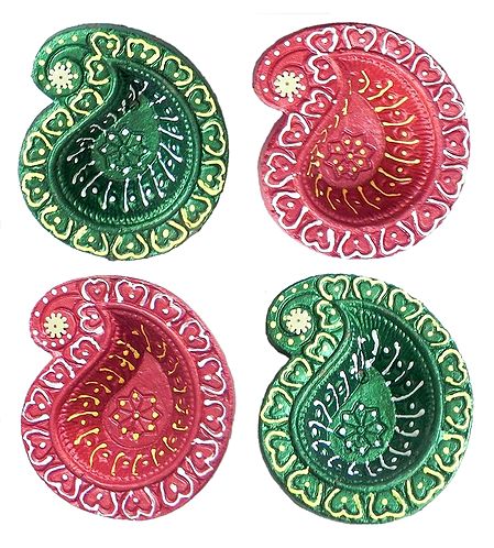 Set of 4 Hand Painted Terracotta Ghee or Oil Lamp
