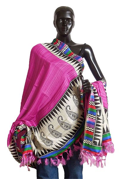 Dark Pink Bhagalpuri Silk Odhni with Multicolor Border and Paisley Print on Aanchal