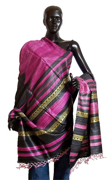 Black with Magenta Tussar Chunni with Pink and Light Yellow Stripe Pallu