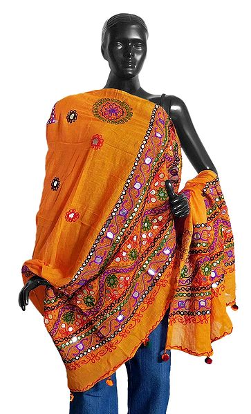 Printed Yellow Cotton Chunni with Embroidery