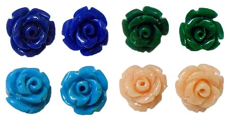 Set of 4 Pairs Cyan Blue, Green, Blue and Light Peach Rose Earrings