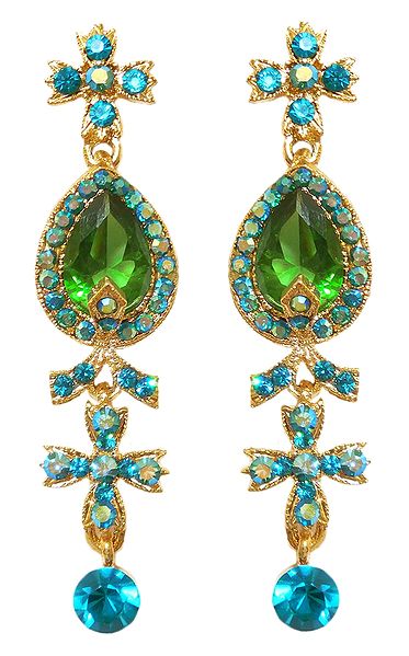 Dark Green and Cyan Stone Studded Dangle Metal Earrings