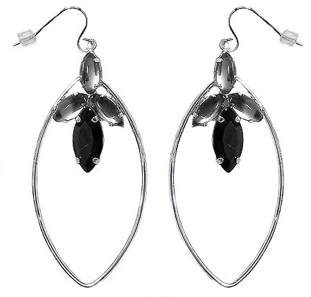 Silver Color with Black Stone Dangle Earrings