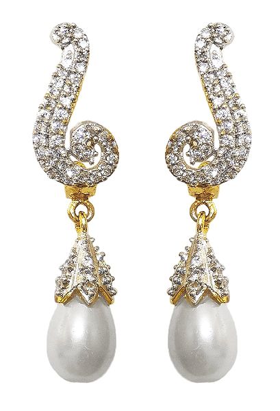 White Bead with Stone Studded Dangle Earrings