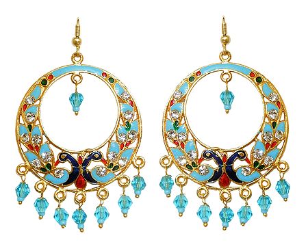 Light Cyan with Dark Blue Meenakari Peacock Metal Hoop Earrings