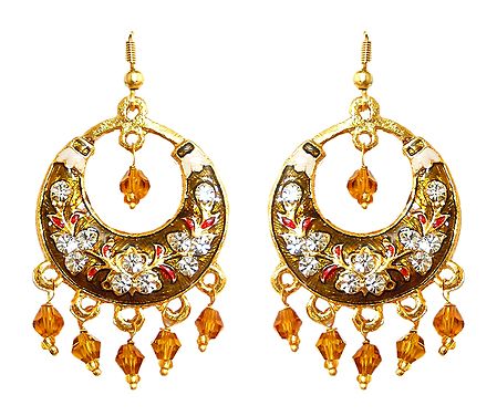 Dark Brown with Golden Meenakari Metal Hoop Earrings