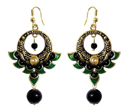 Black, Green and Golden Meenakari Metal Hoop Earrings
