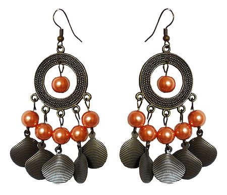 Metal Hoop Earrings with Peach Color Beads