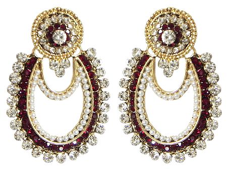 White and Maroon Stone Studded Earrings with White Beads