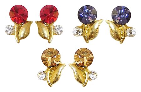 Set of 3 Pairs of Red, Light Brown and Purple Stone Studed Earrings