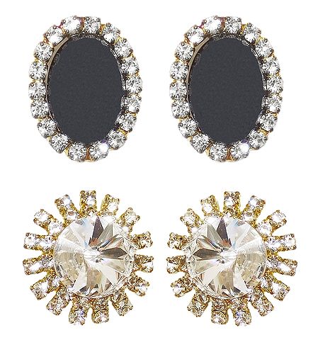 2 Pairs of Black and White Stone Studded Stud Earrings
