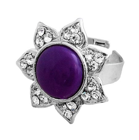 White and Dark Purple Stone Studded Metal Ring
