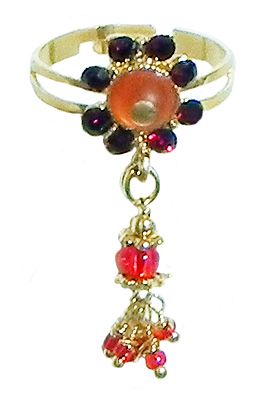 Saffron and Maroon Stone Studdd Adjustable Ring with Beaded Jhalar