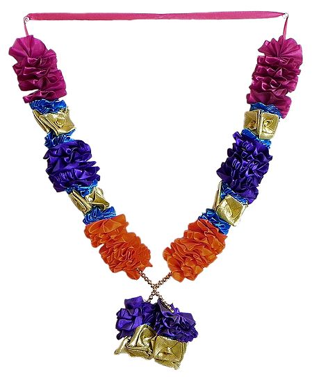 Multicolor Satin Ribbon Garland with Golden Roses
