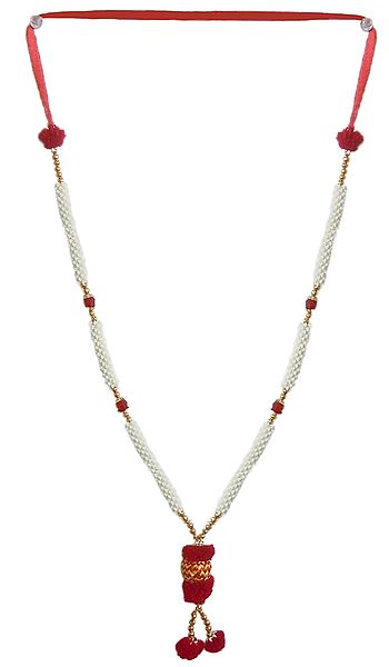 White Bead Garland with Red Woolen Balls