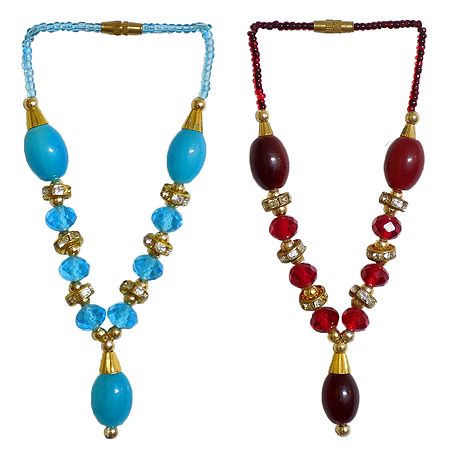 Set of 2 Cyan Blue and Red Beaded Small Garlands for Deity