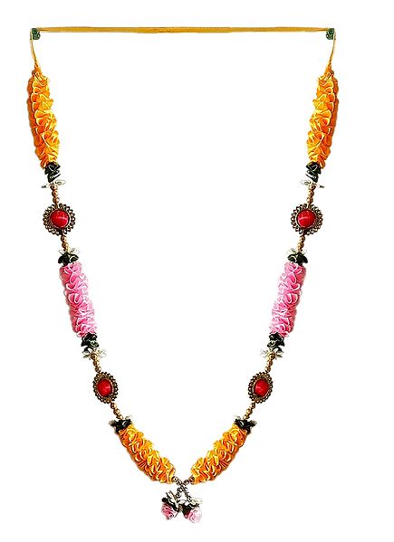 Dark Saffron and Light Pink Satin Ribbon with Red Thread Bead Garland