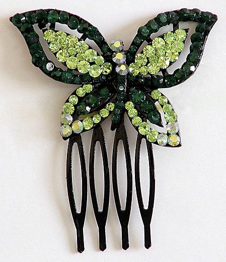 Dark Green and Light Green Crystal Studded Butterfly Hair Comb