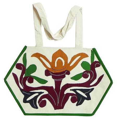 Plant with Flower Applique on Shoulder Bag with Two Zipped Pocket