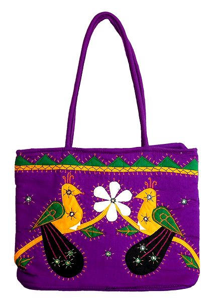 Bird Applique on Shoulder Bag with Two Zipped Pocket