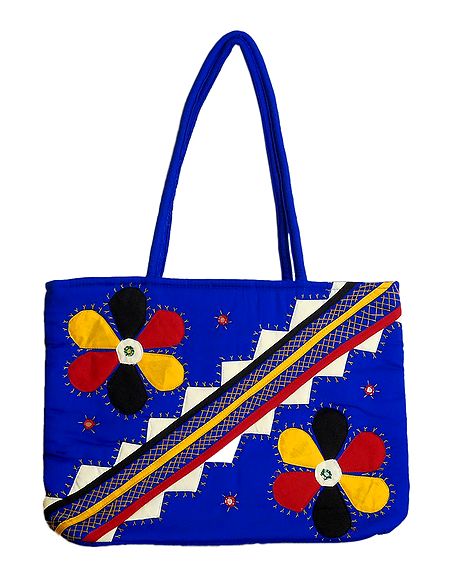Flower Applique on Shoulder Bag with Two Zipped Pocket