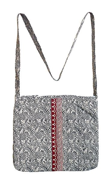 Black Print on White Cotton Shoulder Bag with One Zip Pocket