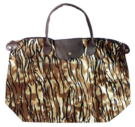 Foldable Yellow and Brown Tiger Skin Printed Rexine Bag