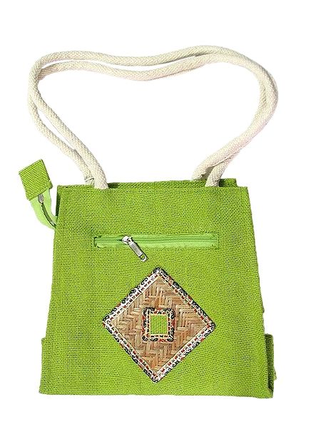 Green Appliqued Bag with Two Open Pockets and Two Zipped Pockets