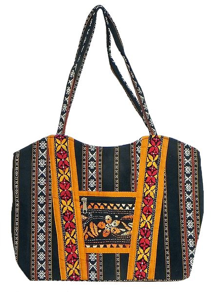 Kantha Embroidered Black with white Weaved Cotton Bag with Three Zipped Pocket