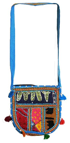 Mirrorwork and Embroidered Multicolor Cotton Bag with One Zipped Pocket