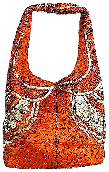 Dark Saffron Satin Bag with Bead and Sequin Work