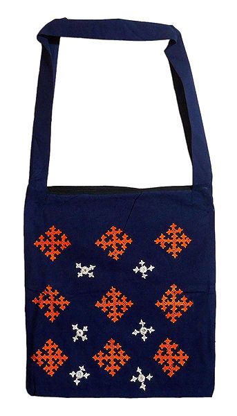 Gujrati Embroidery Blue Shoulder Bag with One Zipped Pocket