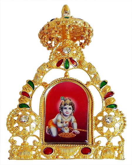Bal Gopal on Golden Throne Metal Frame - Table Top Picture