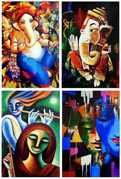 Ganesha, Krishna Meerabai and Radha Krishna - Set of 4 Posters