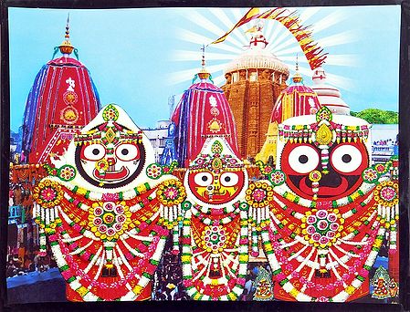 Jagannath, Balaram, Subhadra in Front of Puri Temple - Wall Hanging