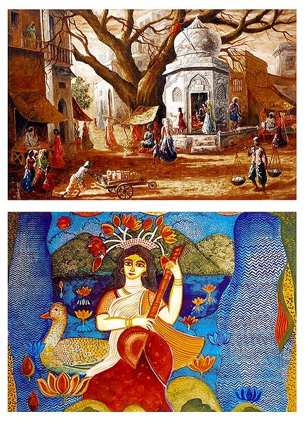 Saraswati and Village Temple - Set of 2 Small Posters