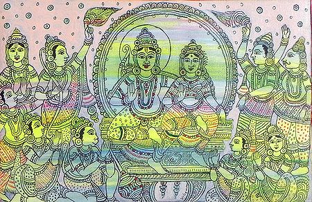 Vishnu and Laxmi Surrounded by Gods and Goddesses