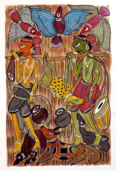 Tribal Hunters - Kalighat Painting