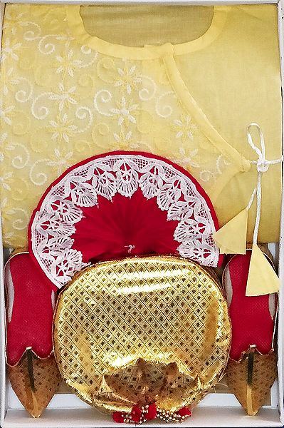 Bengal Ethnic Dress - Embroidered Cotton Light Yellow Kurta, Red Art Silk Dhoti with Pagri and Shoes