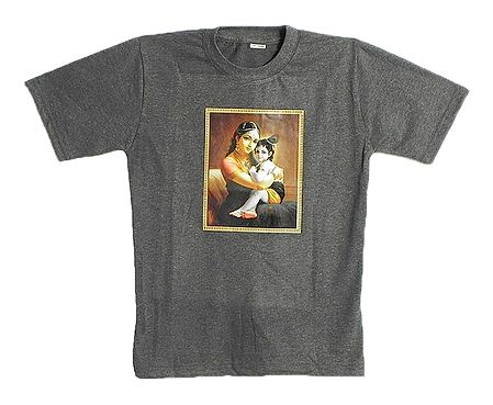 Printed Yashoda Krishna on Dark Grey T-Shirt