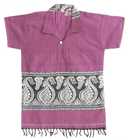 Dark Pink Half Sleeve Short Kurta with Baluchari Weaved Design
