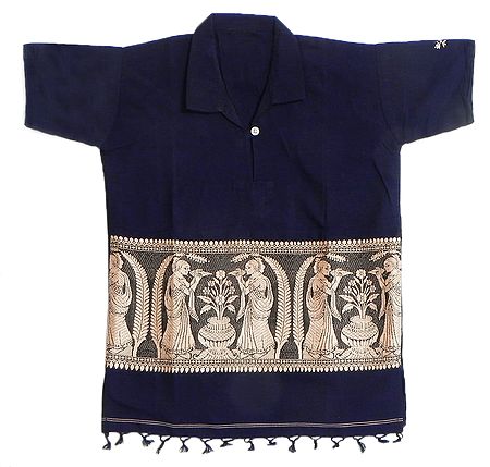 Dark Blue Half Sleeve Short Kurta with Baluchari Weave Design