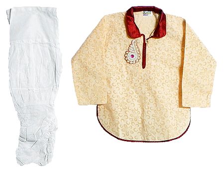White Cotton Churidar and Printed Light Peach Kurta with White Bead Work in Front
