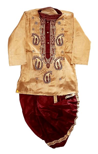 Embroidered Art Silk Beige Kurta and Ready to Wear Maroon Dhoti for Baby Boy 