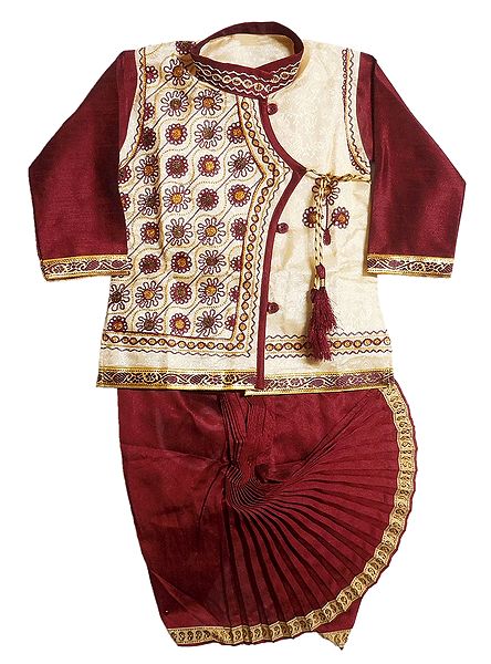 Embroidered Light Beige Art Silk Kurta and Ready to Wear Maroon Dhoti for Baby Boy 