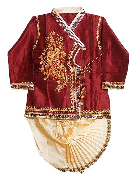 Embroidered Dark Red Art Silk Kurta and Ready to Wear Light Beige Dhoti for Baby Boy 